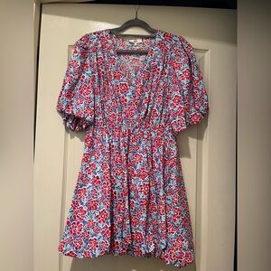 Bubble hem dress with red floral and blue/green accents